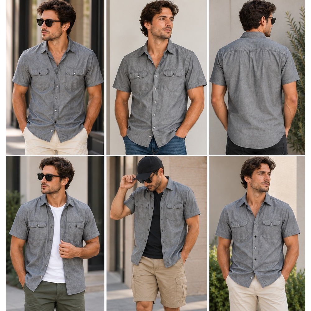 Express Shirt Mens Large Gray Chambray Short Sleeve Button Up Cotton Dual Pocket